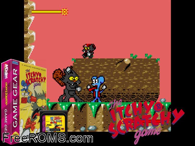 Itchy and Scratchy Game Gear game showing 3D box cover and gameplay screenshot